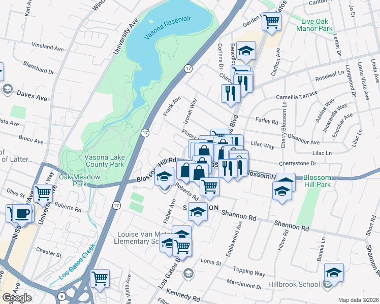 map of restaurants, bars, coffee shops, grocery stores, and more near 100 Oak Rim Way in Los Gatos
