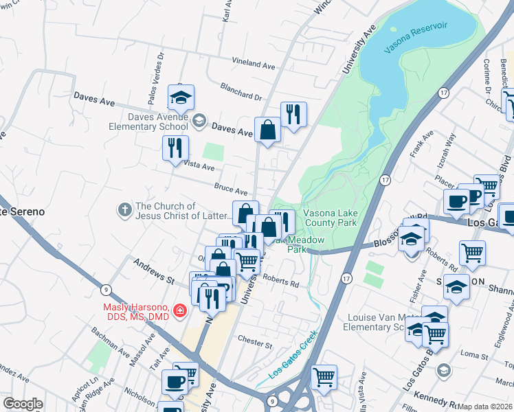 map of restaurants, bars, coffee shops, grocery stores, and more near North Santa Cruz Avenue in Los Gatos