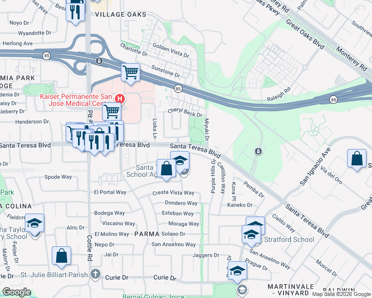 map of restaurants, bars, coffee shops, grocery stores, and more near 244 Castillon Way in San Jose