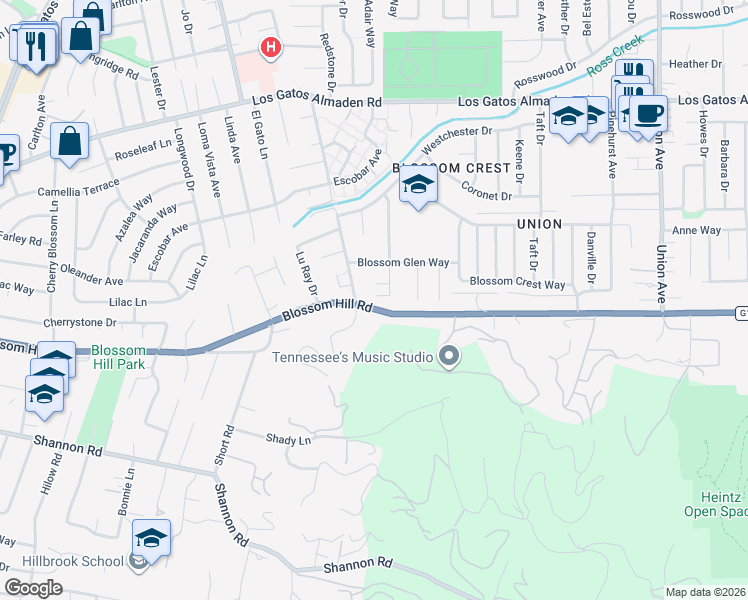map of restaurants, bars, coffee shops, grocery stores, and more near 16020 Camino Del Cerro in Los Gatos