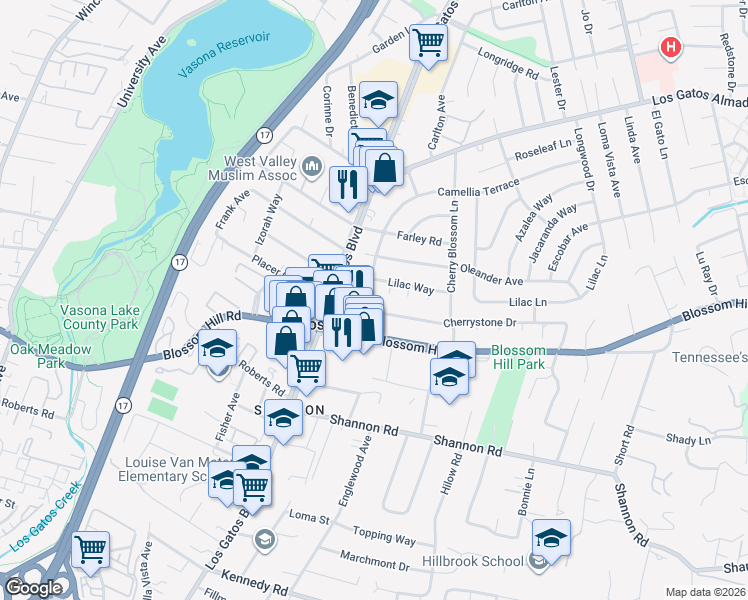 map of restaurants, bars, coffee shops, grocery stores, and more near 814 Cherrystone Drive in Los Gatos
