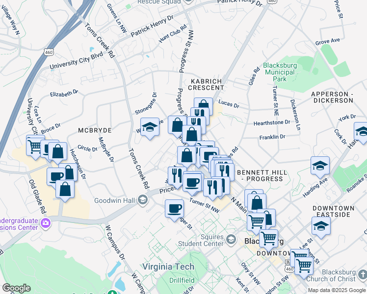 map of restaurants, bars, coffee shops, grocery stores, and more near 900 Campus Edge Court in Blacksburg