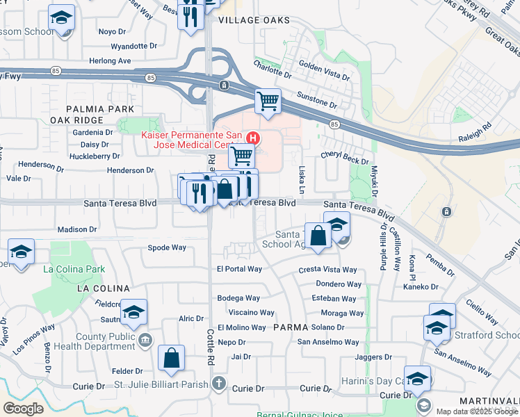 map of restaurants, bars, coffee shops, grocery stores, and more near 6133 Camino Verde Drive in San Jose