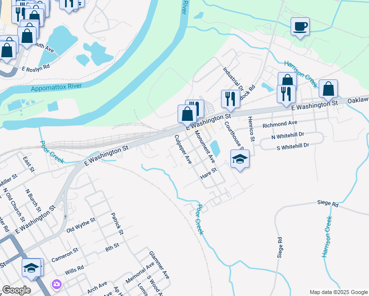 map of restaurants, bars, coffee shops, grocery stores, and more near 139 Culpeper Avenue in Petersburg