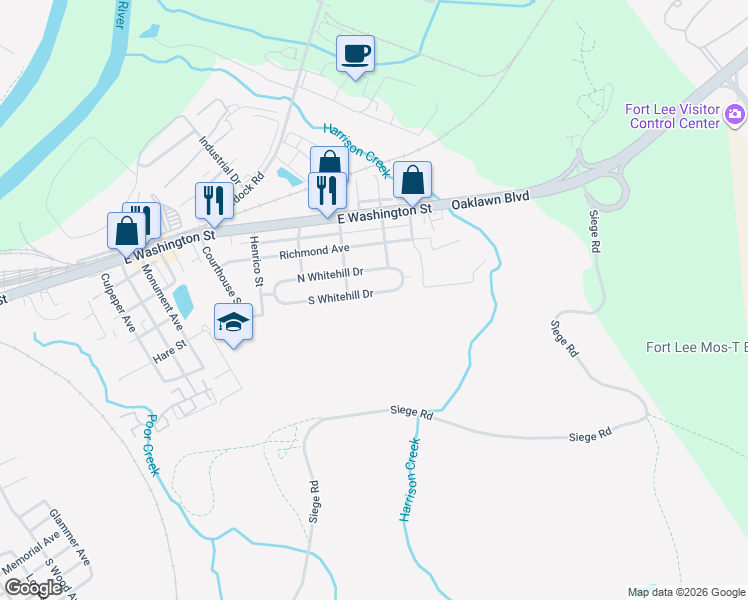 map of restaurants, bars, coffee shops, grocery stores, and more near 2232 South Whitehill Drive in Petersburg