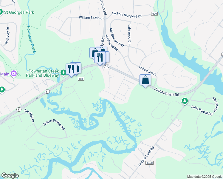 map of restaurants, bars, coffee shops, grocery stores, and more near 2737 Holly Ridge Lane in Williamsburg