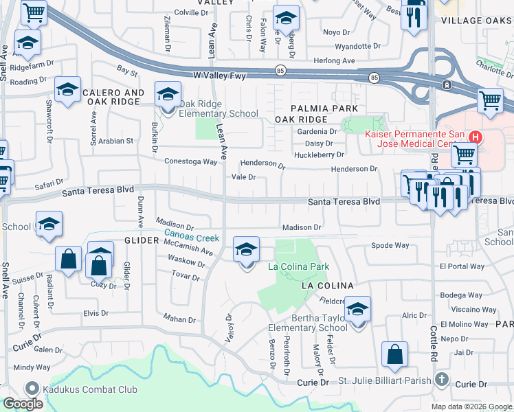 map of restaurants, bars, coffee shops, grocery stores, and more near 6102 Hutton Court in San Jose
