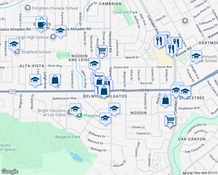 map of restaurants, bars, coffee shops, grocery stores, and more near 5575 Harwood Road in San Jose