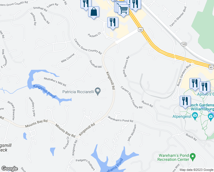 map of restaurants, bars, coffee shops, grocery stores, and more near 27 Bray Wood Rd in Williamsburg