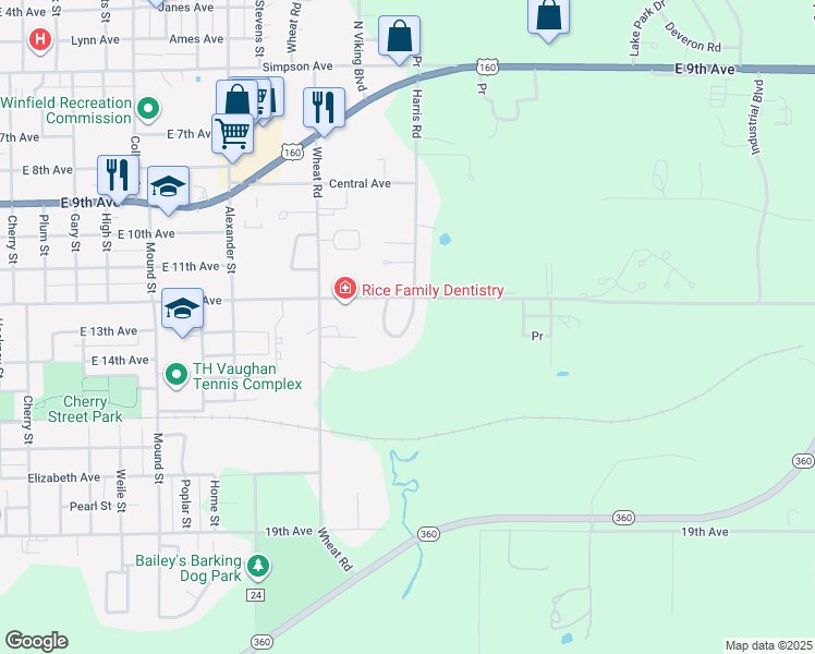 map of restaurants, bars, coffee shops, grocery stores, and more near 101 Saint James Court in Winfield