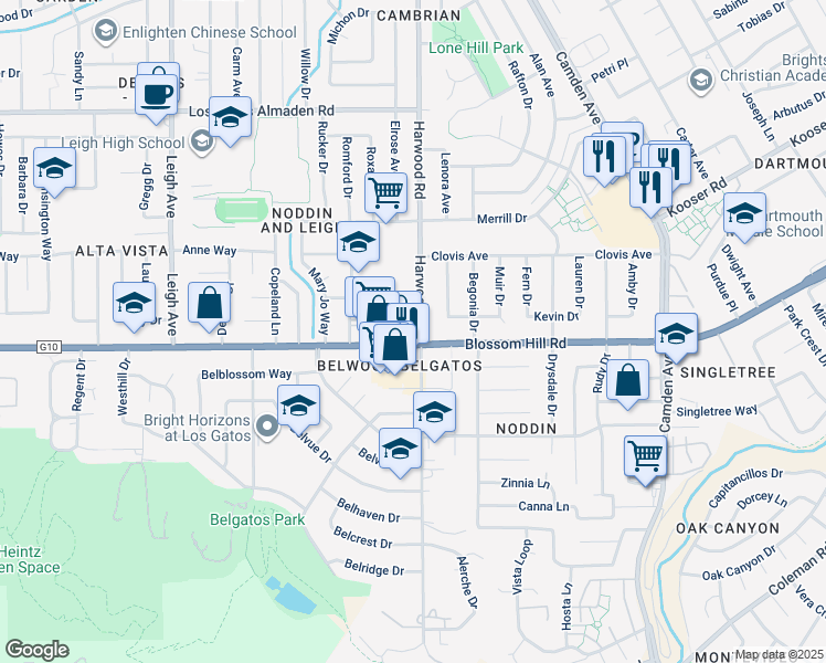 map of restaurants, bars, coffee shops, grocery stores, and more near 5575 Harwood Road in San Jose
