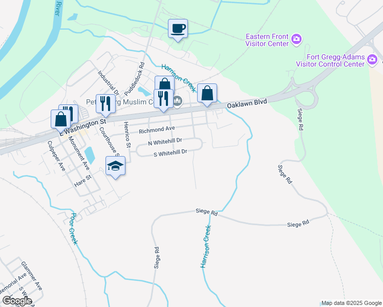 map of restaurants, bars, coffee shops, grocery stores, and more near 2232 South Whitehill Drive in Petersburg