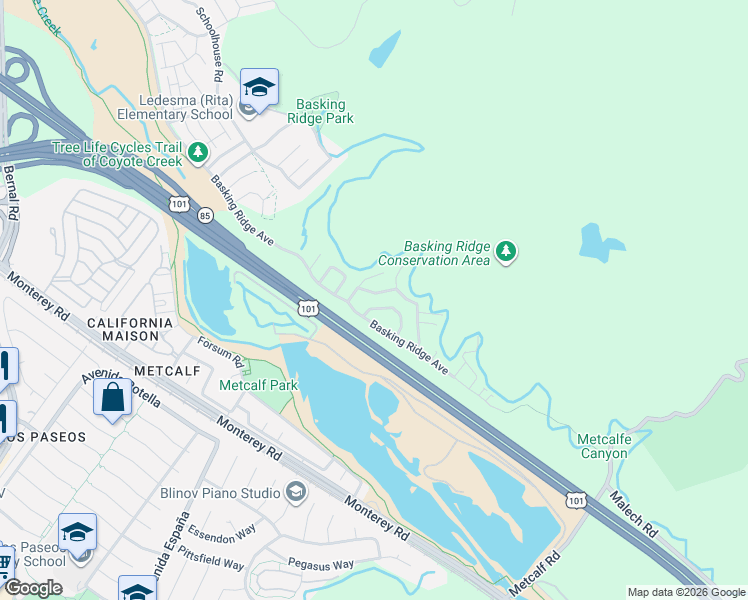 map of restaurants, bars, coffee shops, grocery stores, and more near 7178 Basking Ridge Avenue in San Jose