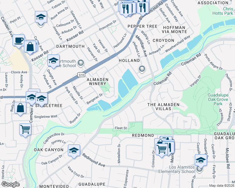 map of restaurants, bars, coffee shops, grocery stores, and more near 5765 Chambertin Drive in San Jose