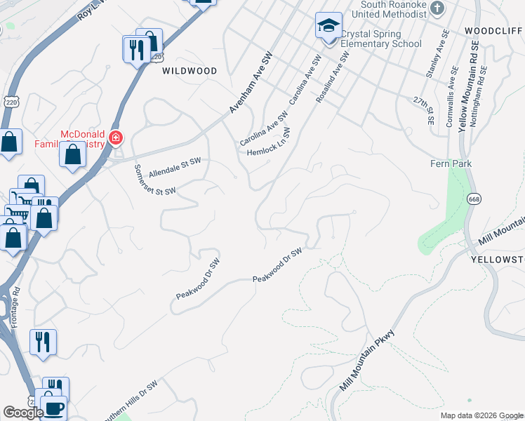 map of restaurants, bars, coffee shops, grocery stores, and more near 3173-3199 Stoneridge Road Southwest in Roanoke