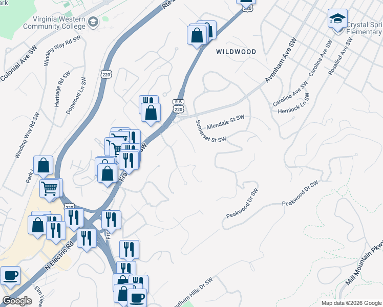 map of restaurants, bars, coffee shops, grocery stores, and more near 3419 Winterberry Lane in Roanoke