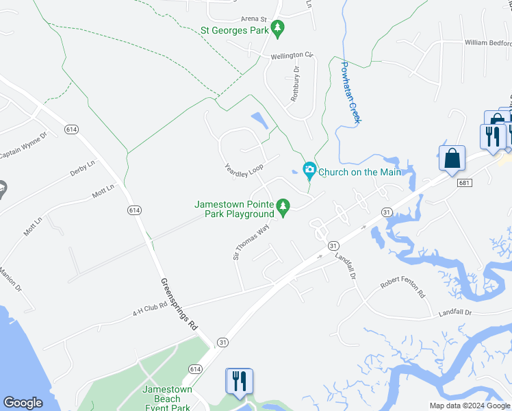 map of restaurants, bars, coffee shops, grocery stores, and more near 4616 Sir Gilbert Loop in Williamsburg