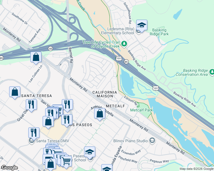 map of restaurants, bars, coffee shops, grocery stores, and more near 6937 Rodling Drive in San Jose
