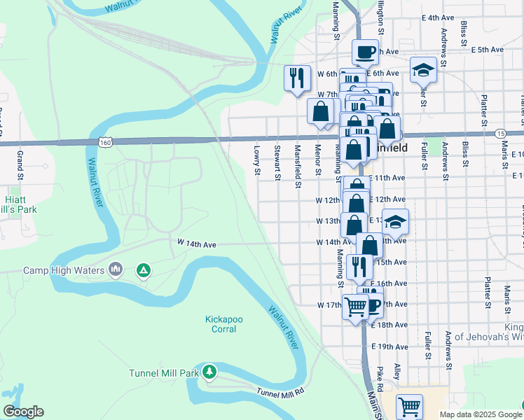 map of restaurants, bars, coffee shops, grocery stores, and more near 1299 Lowry Street in Winfield