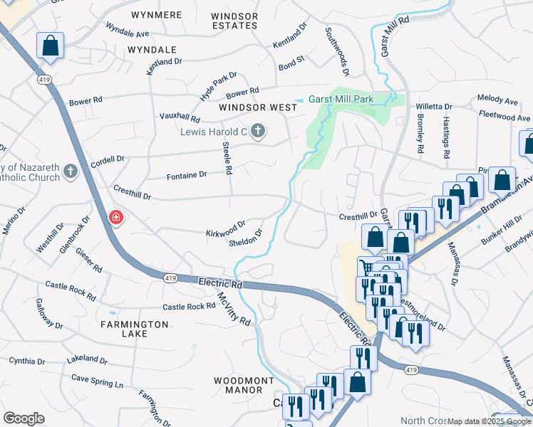 map of restaurants, bars, coffee shops, grocery stores, and more near 4327 Kirkwood Drive in Cave Spring
