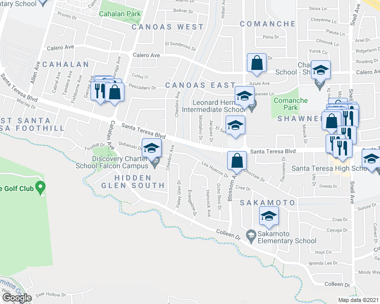 map of restaurants, bars, coffee shops, grocery stores, and more near 731 Los Huecos Drive in San Jose