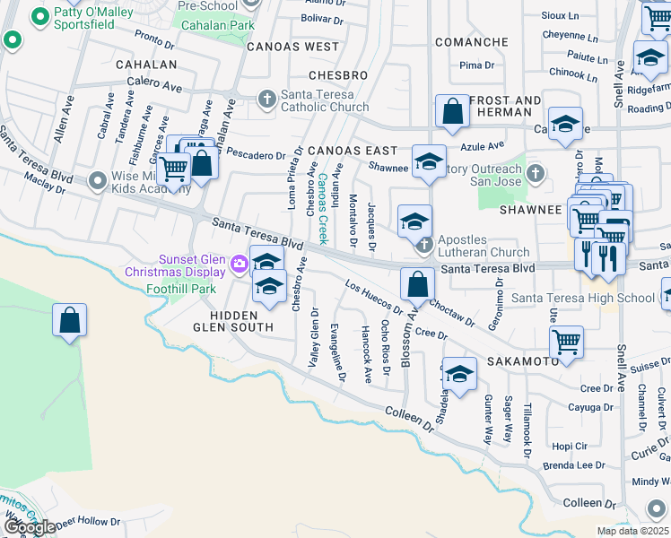 map of restaurants, bars, coffee shops, grocery stores, and more near 731 Los Huecos Drive in San Jose