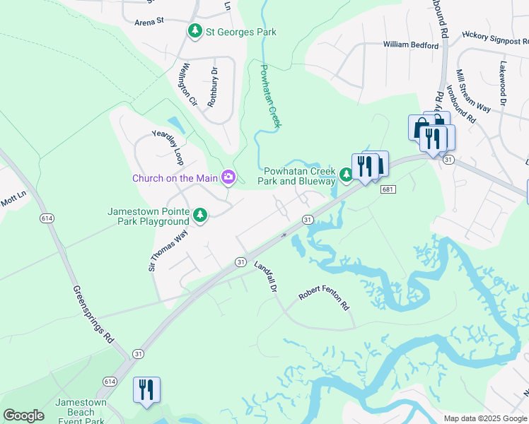 map of restaurants, bars, coffee shops, grocery stores, and more near 1404 London Company Way in Williamsburg