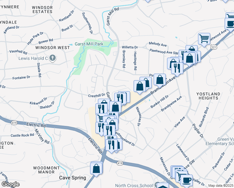 map of restaurants, bars, coffee shops, grocery stores, and more near 4670 Mill View Court in Cave Spring
