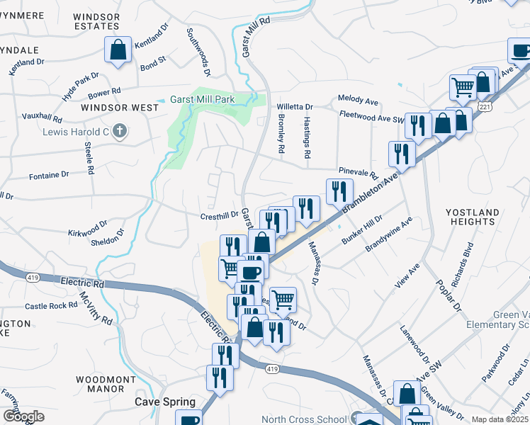 map of restaurants, bars, coffee shops, grocery stores, and more near 4670 Mill View Court in Cave Spring