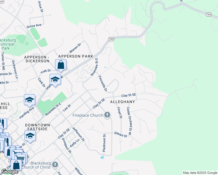 map of restaurants, bars, coffee shops, grocery stores, and more near 423 Ridgeview Drive in Blacksburg