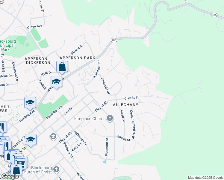 map of restaurants, bars, coffee shops, grocery stores, and more near 423 Ridgeview Drive in Blacksburg