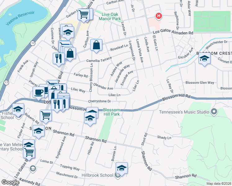 map of restaurants, bars, coffee shops, grocery stores, and more near 16251 Lilac Lane in Los Gatos