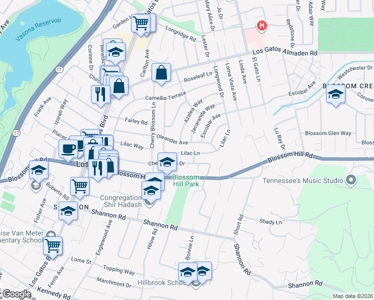 map of restaurants, bars, coffee shops, grocery stores, and more near 16283 Lilac Lane in Los Gatos