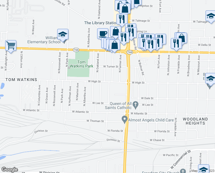 map of restaurants, bars, coffee shops, grocery stores, and more near 2131 North Lexington Avenue in Springfield