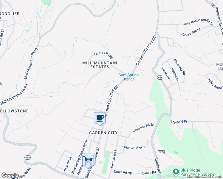 map of restaurants, bars, coffee shops, grocery stores, and more near 3033 Garden City Boulevard Southeast in Roanoke
