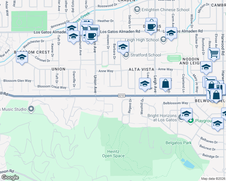 map of restaurants, bars, coffee shops, grocery stores, and more near 133 Cambrian View Way in Los Gatos