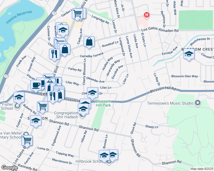 map of restaurants, bars, coffee shops, grocery stores, and more near 16251 Lilac Lane in Los Gatos