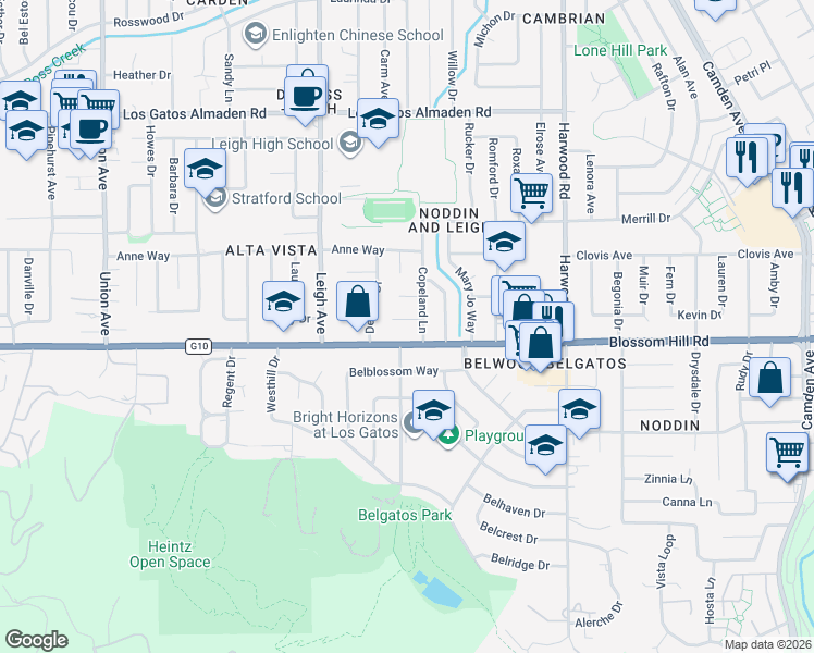 map of restaurants, bars, coffee shops, grocery stores, and more near 5501 Copeland Court in San Jose