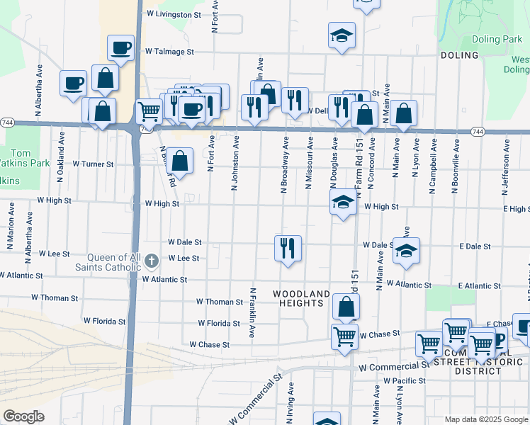 map of restaurants, bars, coffee shops, grocery stores, and more near 1019 West High Street in Springfield