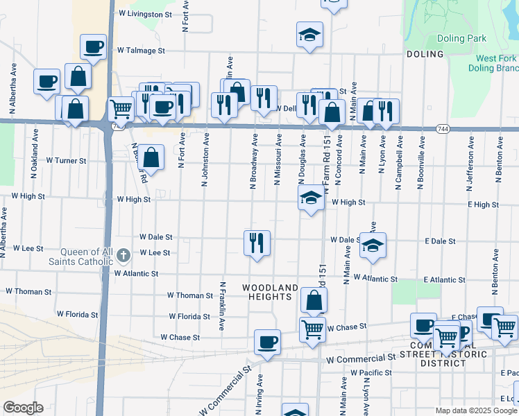 map of restaurants, bars, coffee shops, grocery stores, and more near 2200 North Broadway Avenue in Springfield