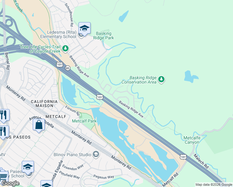 map of restaurants, bars, coffee shops, grocery stores, and more near 7059 Goldenspur Loop in San Jose