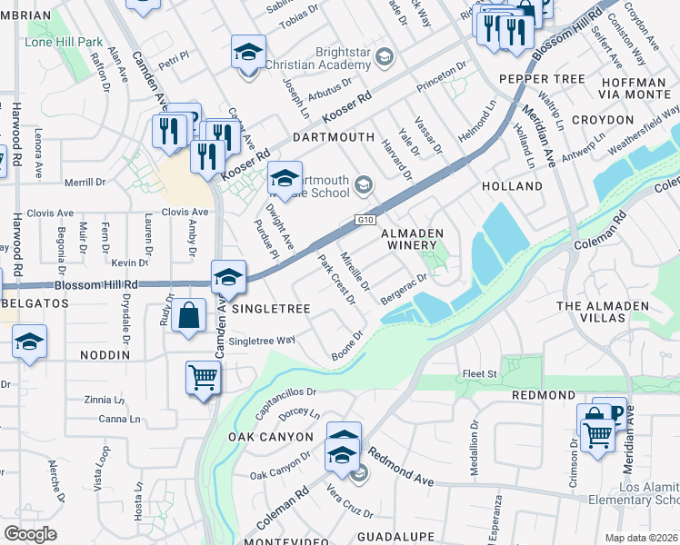 map of restaurants, bars, coffee shops, grocery stores, and more near 1551 Bordelais Drive in San Jose