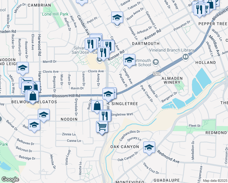 map of restaurants, bars, coffee shops, grocery stores, and more near 5522 Camden Avenue in San Jose