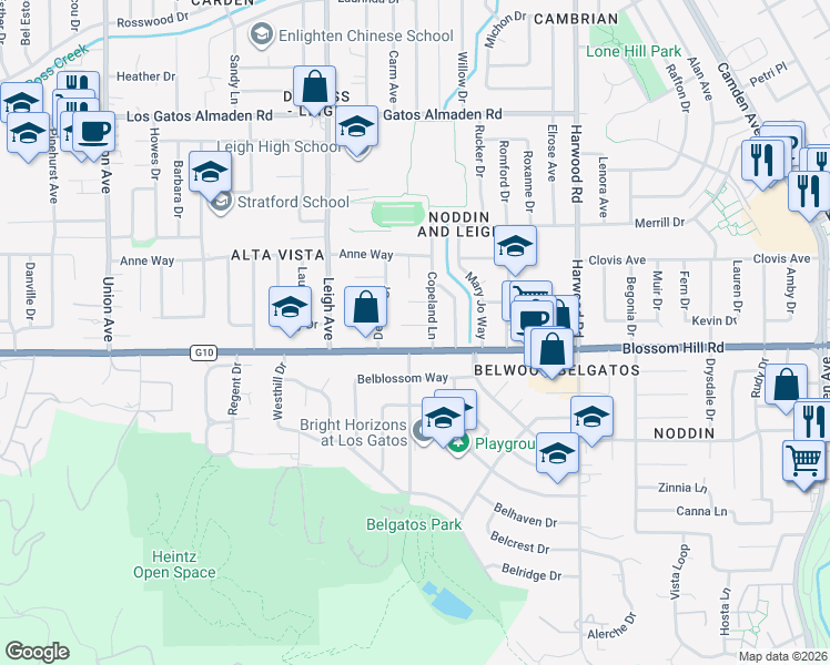 map of restaurants, bars, coffee shops, grocery stores, and more near 5501 Copeland Court in San Jose
