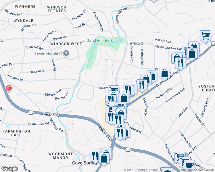 map of restaurants, bars, coffee shops, grocery stores, and more near 4722 Mews Hill Drive in Cave Spring