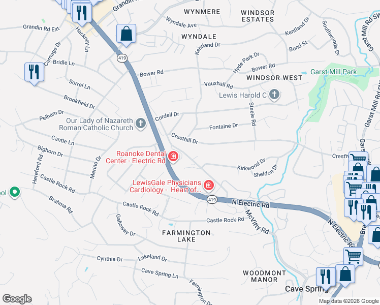 map of restaurants, bars, coffee shops, grocery stores, and more near 4557-4565 Cresthill Drive in Cave Spring