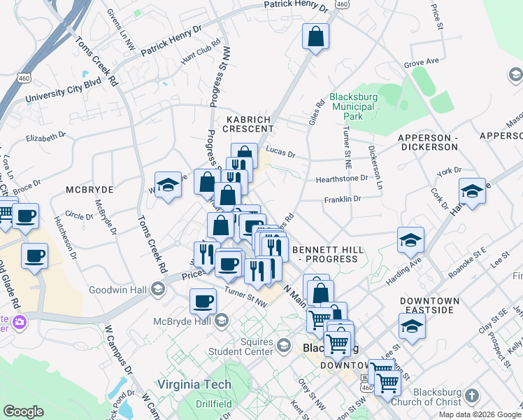 map of restaurants, bars, coffee shops, grocery stores, and more near 818 Montgomery Street in Blacksburg