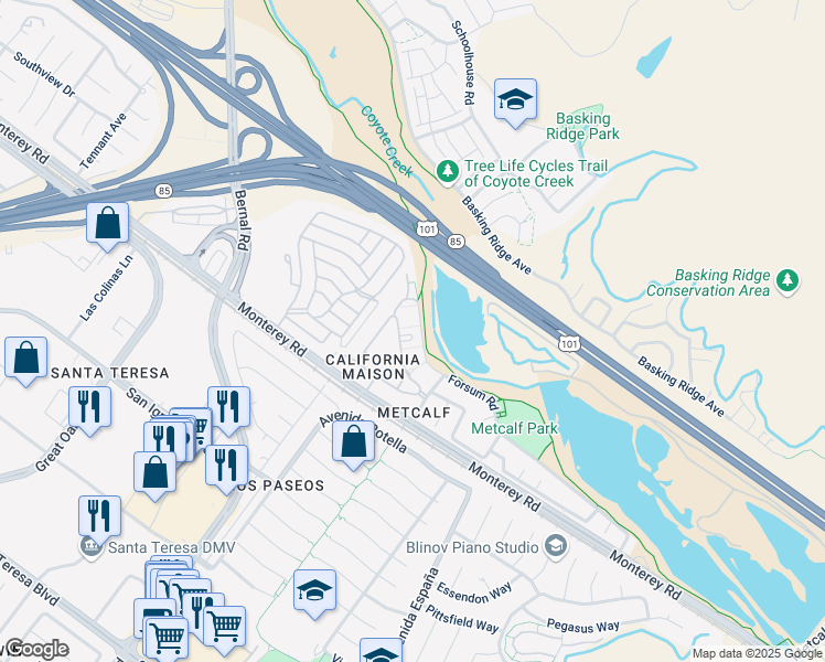 map of restaurants, bars, coffee shops, grocery stores, and more near 6944 Gregorich Drive in San Jose