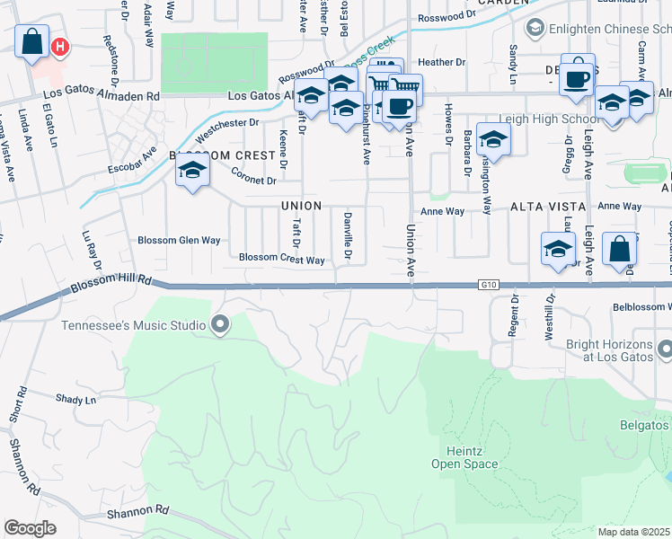 map of restaurants, bars, coffee shops, grocery stores, and more near Blossom Dale Drive & Nimrick Lane in San Jose
