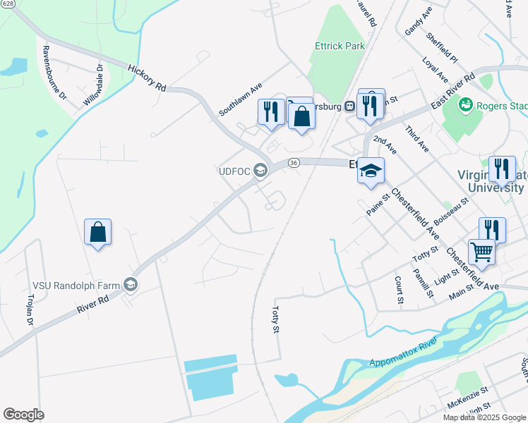 map of restaurants, bars, coffee shops, grocery stores, and more near 20900 Riverterrace Road in Petersburg